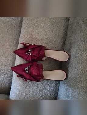 Nine West Burgundy Pointed-Toe Embellished Satin Mules